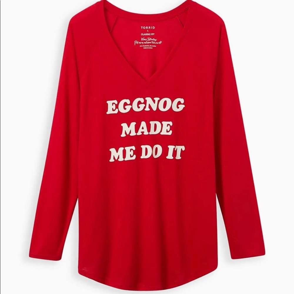 Torrid Jester Red Eggnog Made Me Do It Long Sleeve Raglan V-Neck Tee 2 2X 18/20